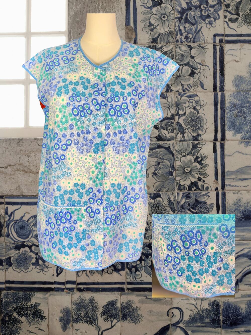 Vintage 60s/70s Aqua Cobalt Blue Floral Rick Rack Pocket Art Smock Apron Top XL